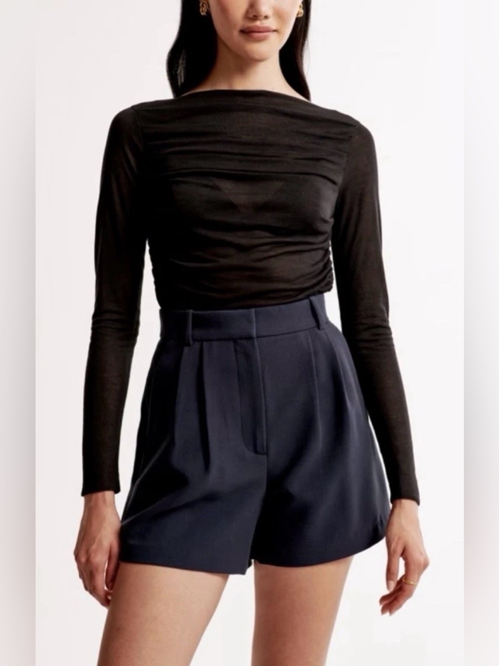 Abercrombie & Fitch Navy Pleated Tailored High-Rise Shorts